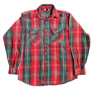 Vintage Five Brother Plaid Flannel Shirt Mens Tall L Red Teal Made in USA 80s